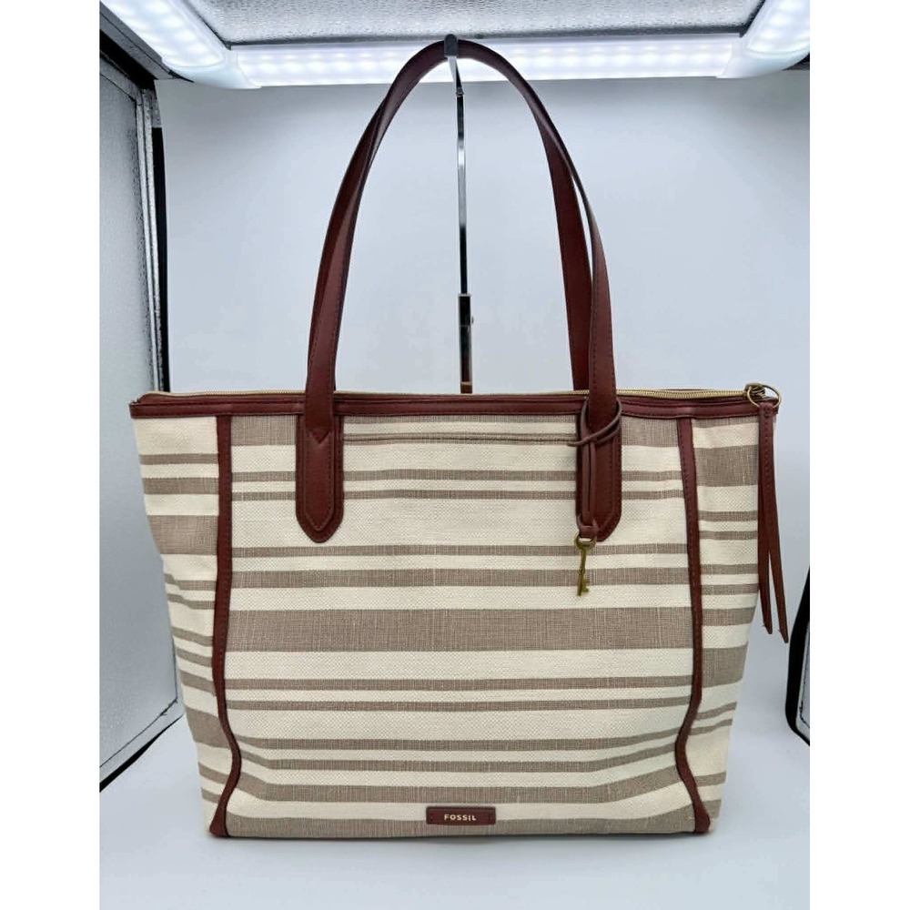 Fossil Sydney Tote Neutral Stripe Brown Leather Canvas Handbag SHB2958558 Large
